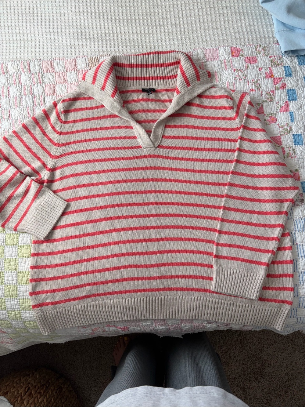 Talbots Cream Sweater with Coral Stripes V-Neck Shawl Collar